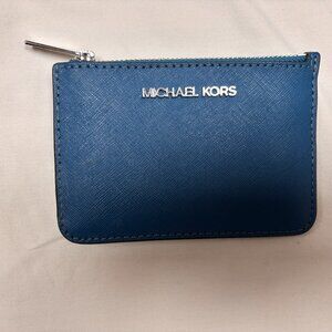 Michael Kors Blue Saffiano Leather Zip Card Case Wallet w/ Key Ring